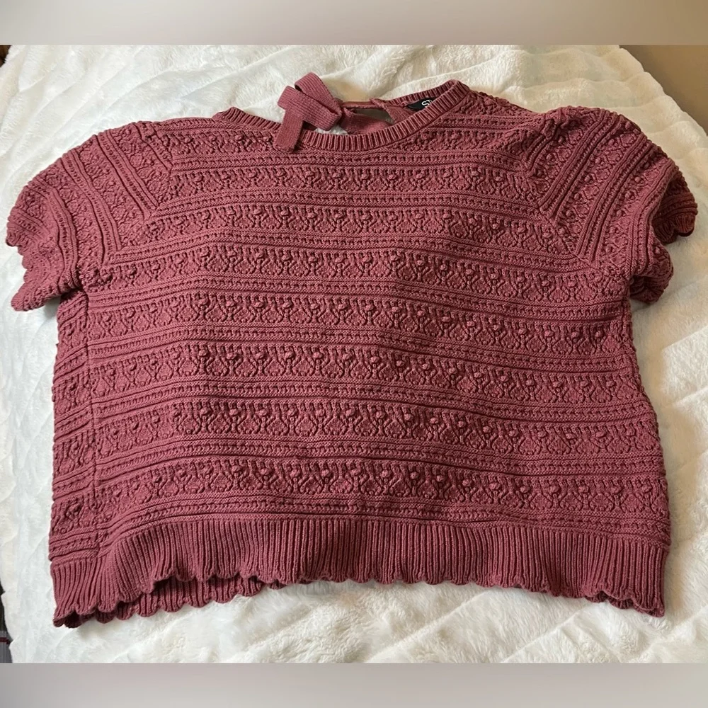 Women’s XL Dusty Rose Red Open Back Cropped Fall Spring Short Sleeve Sweater